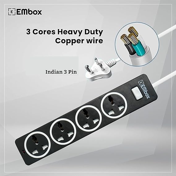 EMBOX 10A Extension Board with Master Switch-Extension Cord with 4 Universal Sockets and LED Indicator-1500W (Black-2 Meter Cable)