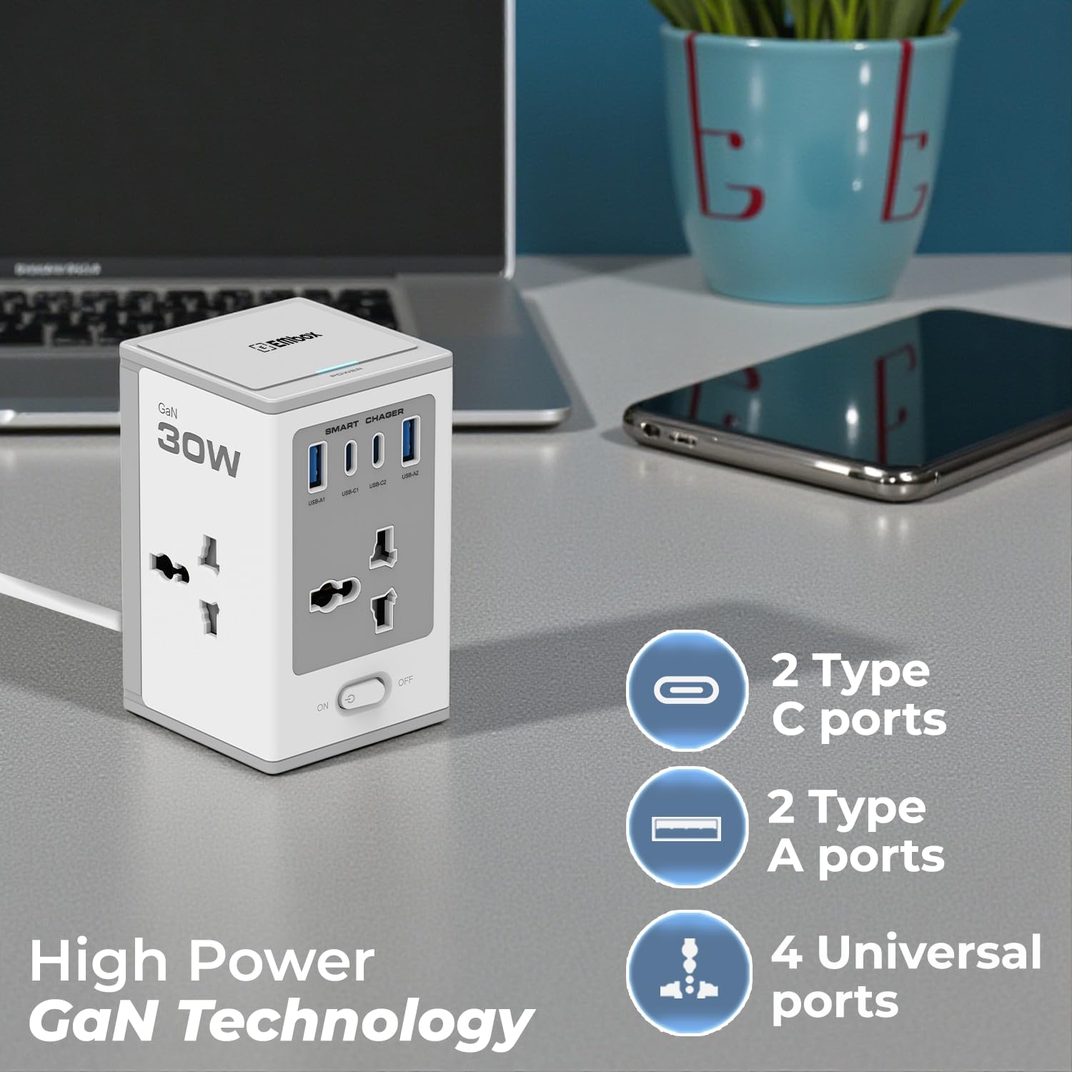 8-in-1 Gan Charger 30W Fast Charger | Type C USB 4 AC Sockets (2500W) Wireless Fast Charging | Multi-Port Desktop Charger for Laptop, iPhone, Android, Portable Charging Station