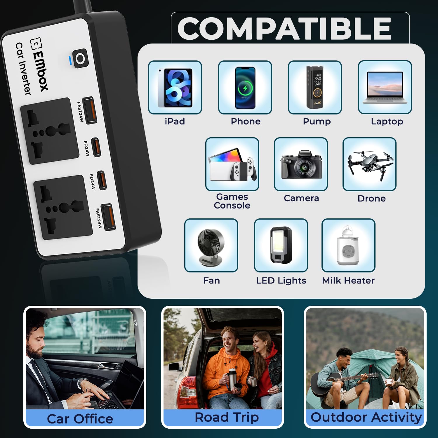 mbox 200W Car Power Inverter Laptop Charger with 2 USB (6.2A Max) & 2 C-Type (1 * 27WPD) Smart USB Ports, 2 AC Universal Outlets and 12V DC to 220V AC with QC3.0, White