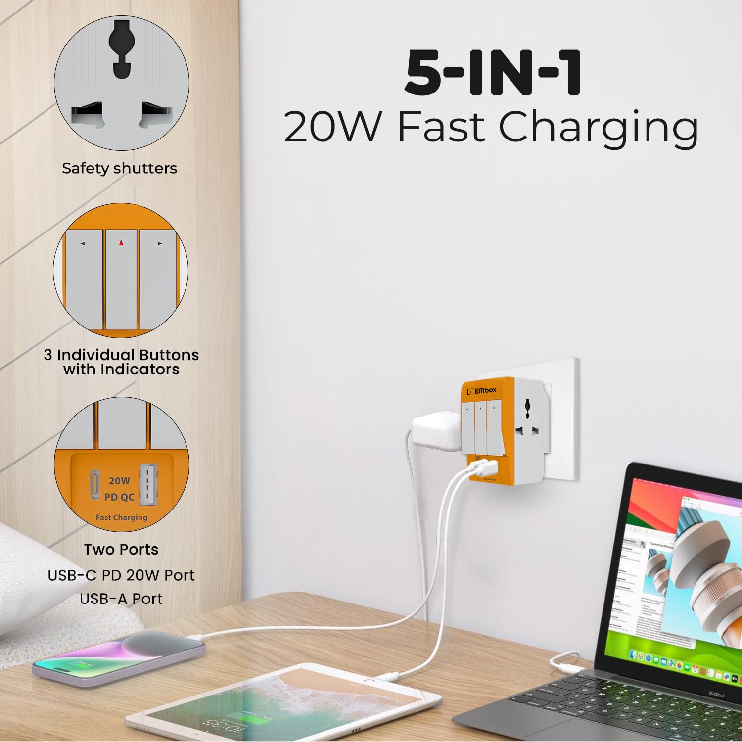 EMBOX 3 Pin Multi Plug Adapter with Individua3 Pin Multi Plug Adapter with Individual Switch 3 Pin Plug Socket Safety Shutter Spike Buster Fuse Protected Adapter 3 Way Plug Extension for Home Office Travel-5A-250V