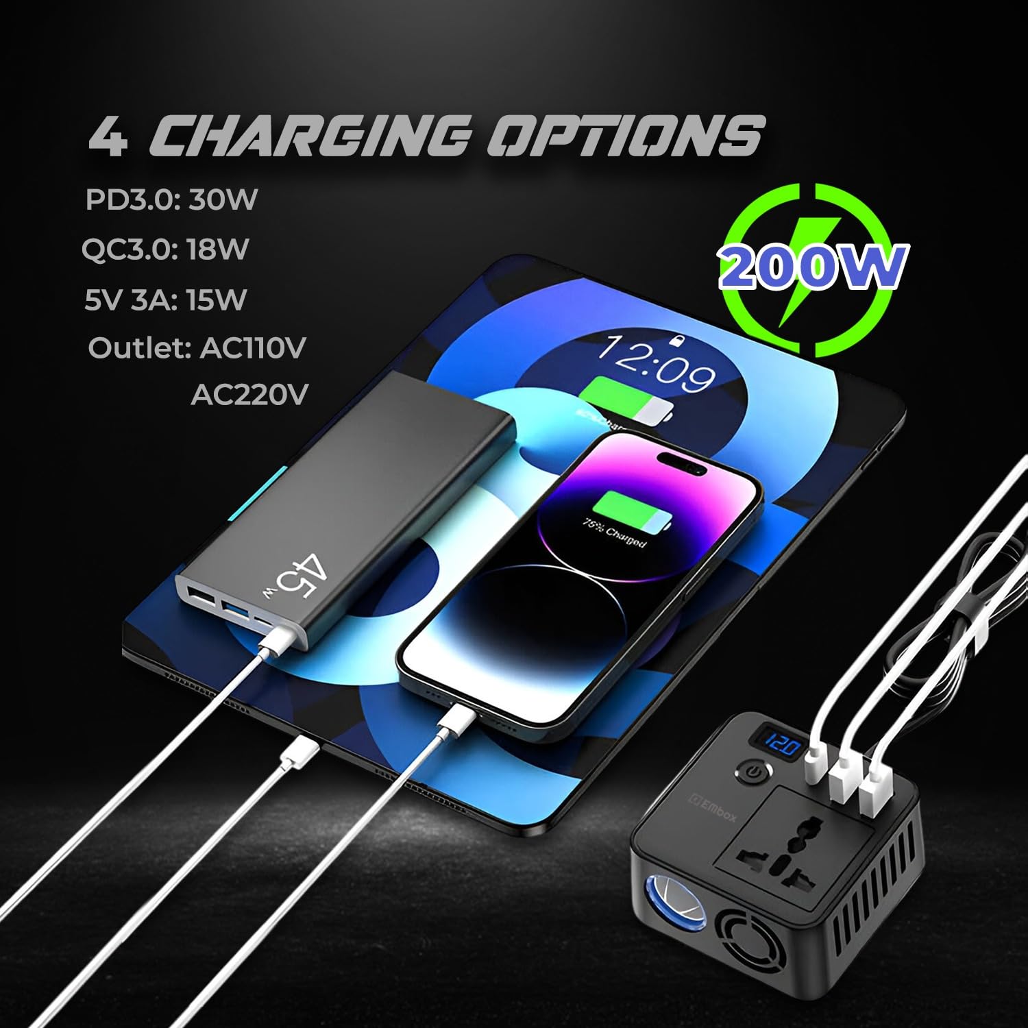 Embox 200W Car Power Inverter AC Universal Outlet Car Laptop Charger with 2 USB (6.2A) & 1 C Type(27W PD) Smart USB Ports 12V DC to 220V AC Mini Inverter with Digital Display Cooling Fan On/Off Button