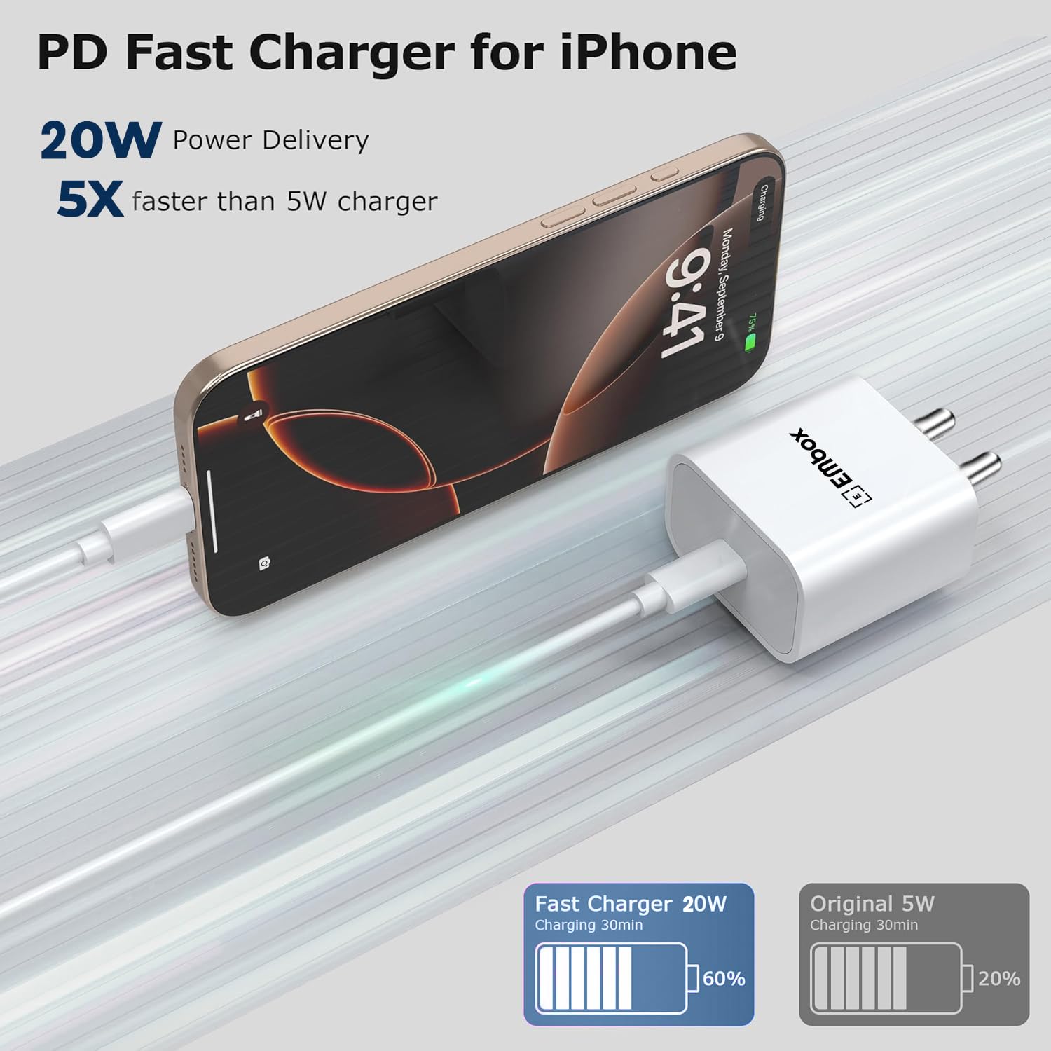 Embox iPhone Charger Adapter 20W Lightning Cable Combo (MFi-Certified) Compatible with iPhone 17 Pro Max/17 Pro/17 Air/17 16 Pro Max/16 Pro/16 Plus/16 & 15/14/13/12/11/X/8 Series