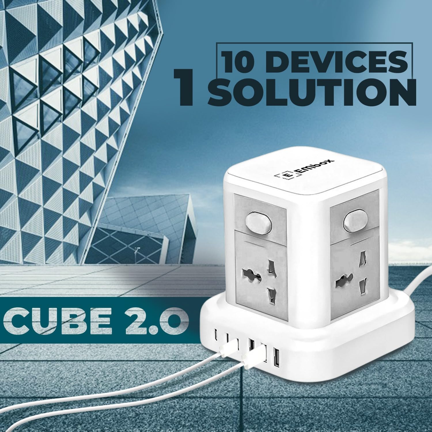 10 in 1 Cube Extension Board with USB Type C | Extension Board with Switches 4 Universal Sockets and Surge Protector | 2500W Extension Cord Safety Shutter