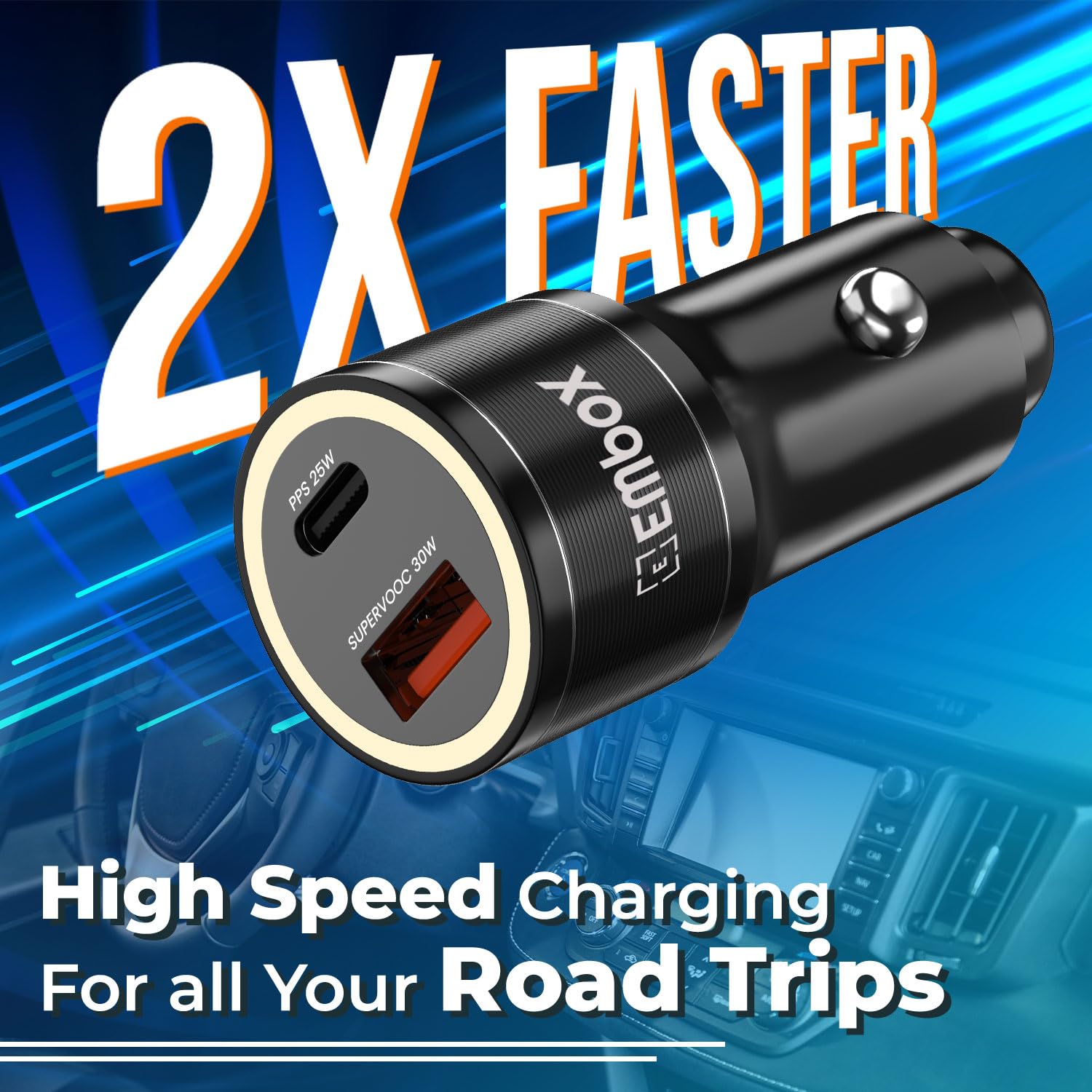 55W Dual Output Car Charger Type-C &A Fast Charging USB, LED Indicator, Charging Adapter Compatible with Cars for iPhone & Android Smartphone, Smartwatch, Earbud, Power Bank