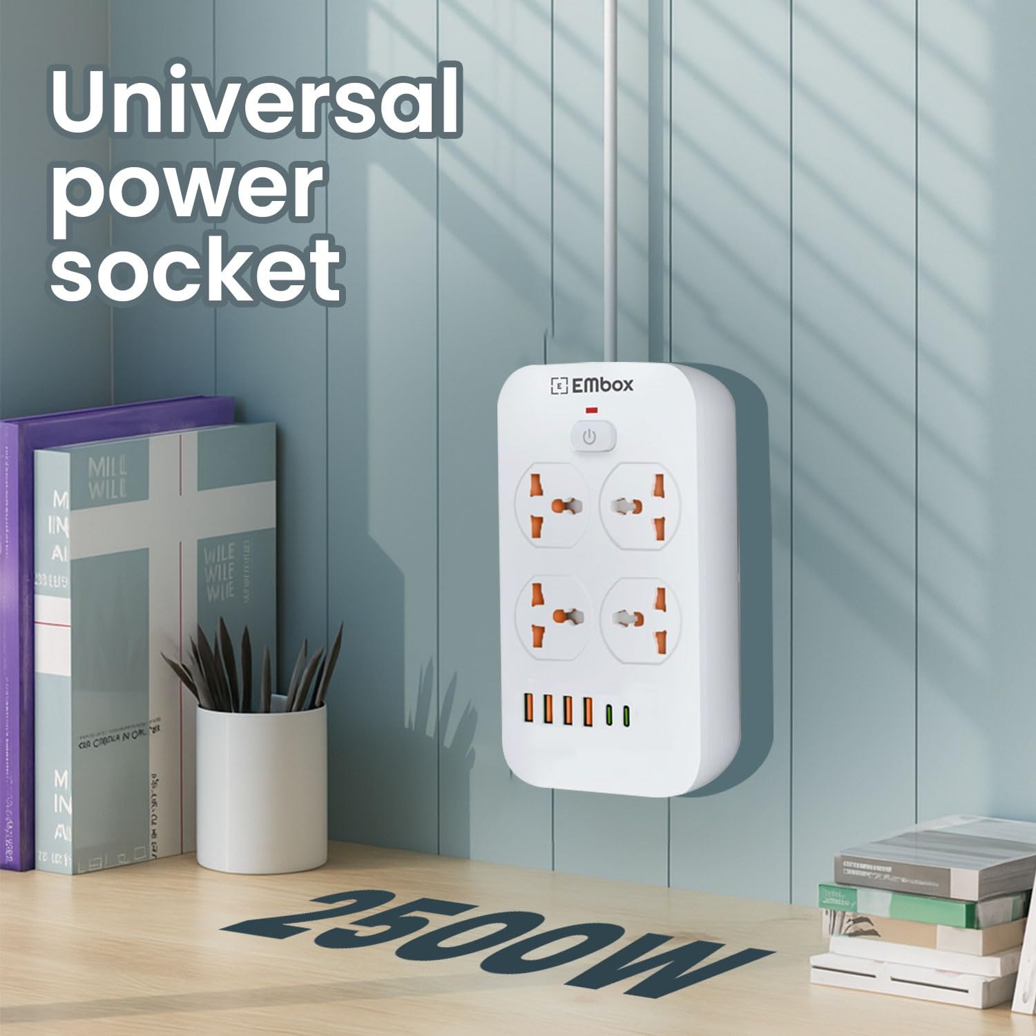 Extension Board with USB (2.4 A) 6 USB Ports 4 Type A and 2 Type C with Master Switch, Spike Guard, 6 amp Universal Sockets, LED Indicator and Safety Shutter, 2 Meter Extension Cord