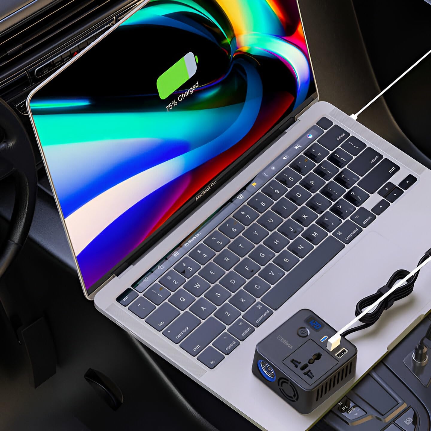 Embox 200W Car Power Inverter AC Universal Outlet Car Laptop Charger with 2 USB (6.2A) & 1 C Type(27W PD) Smart USB Ports 12V DC to 220V AC Mini Inverter with Digital Display Cooling Fan On/Off Button