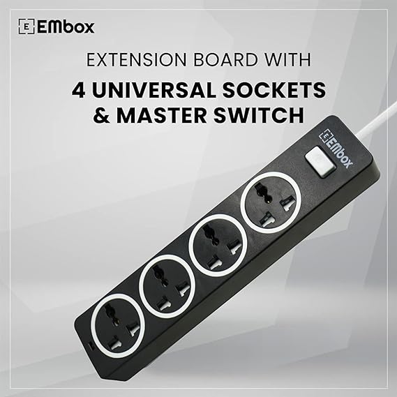 EMBOX 10A Extension Board with Master Switch-Extension Cord with 4 Universal Sockets and LED Indicator-1500W (Black-2 Meter Cable)