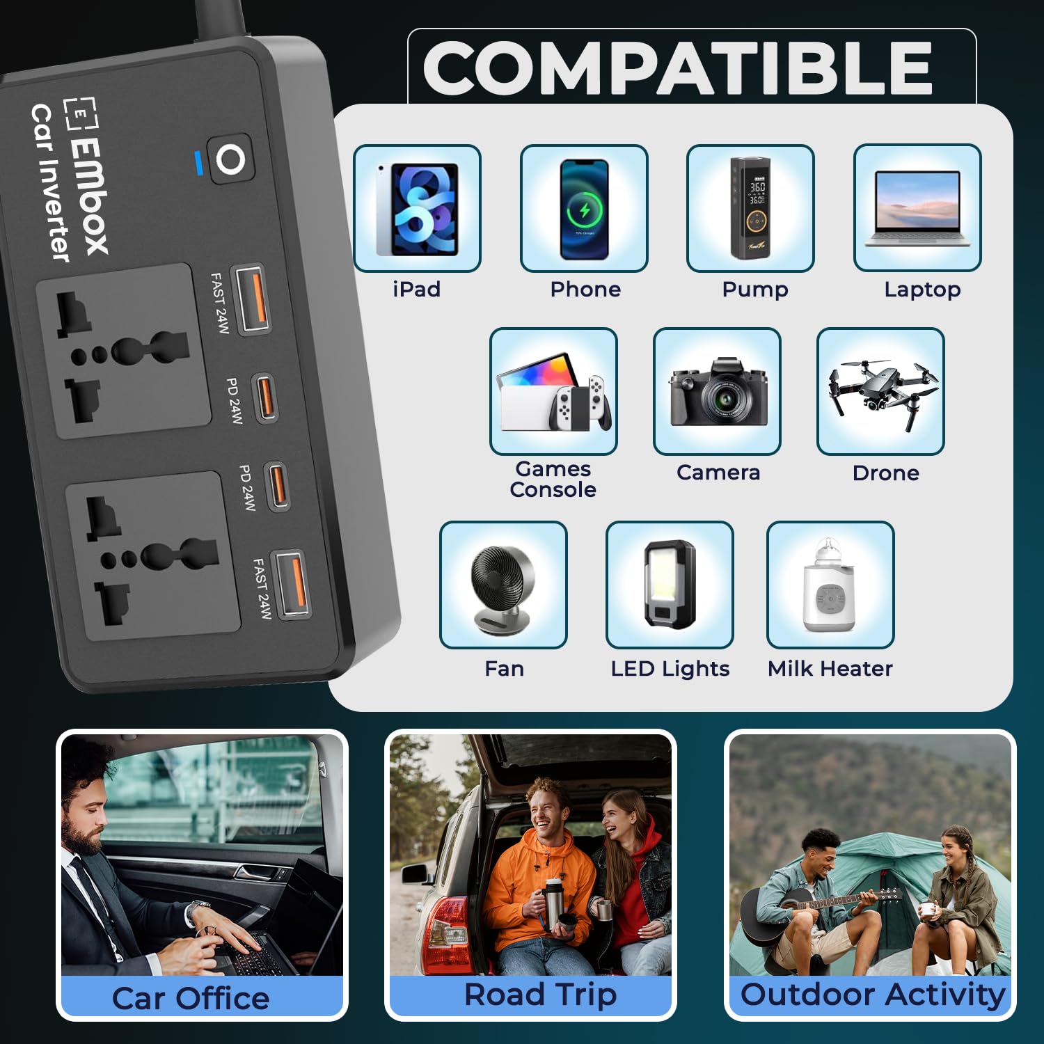 Embox 200W Car Power Inverter Laptop Charger with 2 USB (6.2A Max) & 2 C-Type (1 * 27WPD) Smart USB Ports, 2 AC Universal Outlets and 12V DC to 220V AC with QC3.0, Black