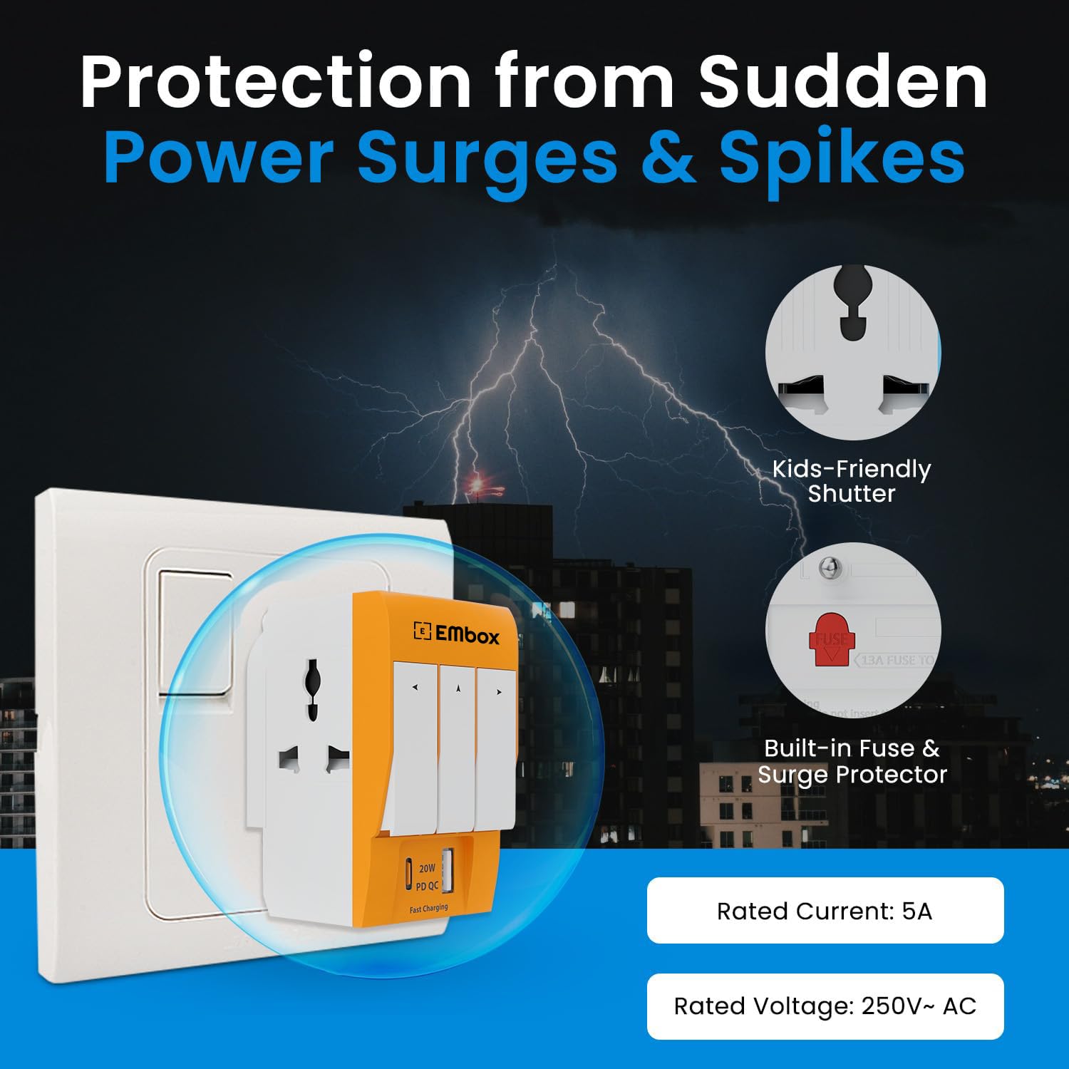 EMBOX 3 Pin Multi Plug Adapter with Individua3 Pin Multi Plug Adapter with Individual Switch 3 Pin Plug Socket Safety Shutter Spike Buster Fuse Protected Adapter 3 Way Plug Extension for Home Office Travel-5A-250V