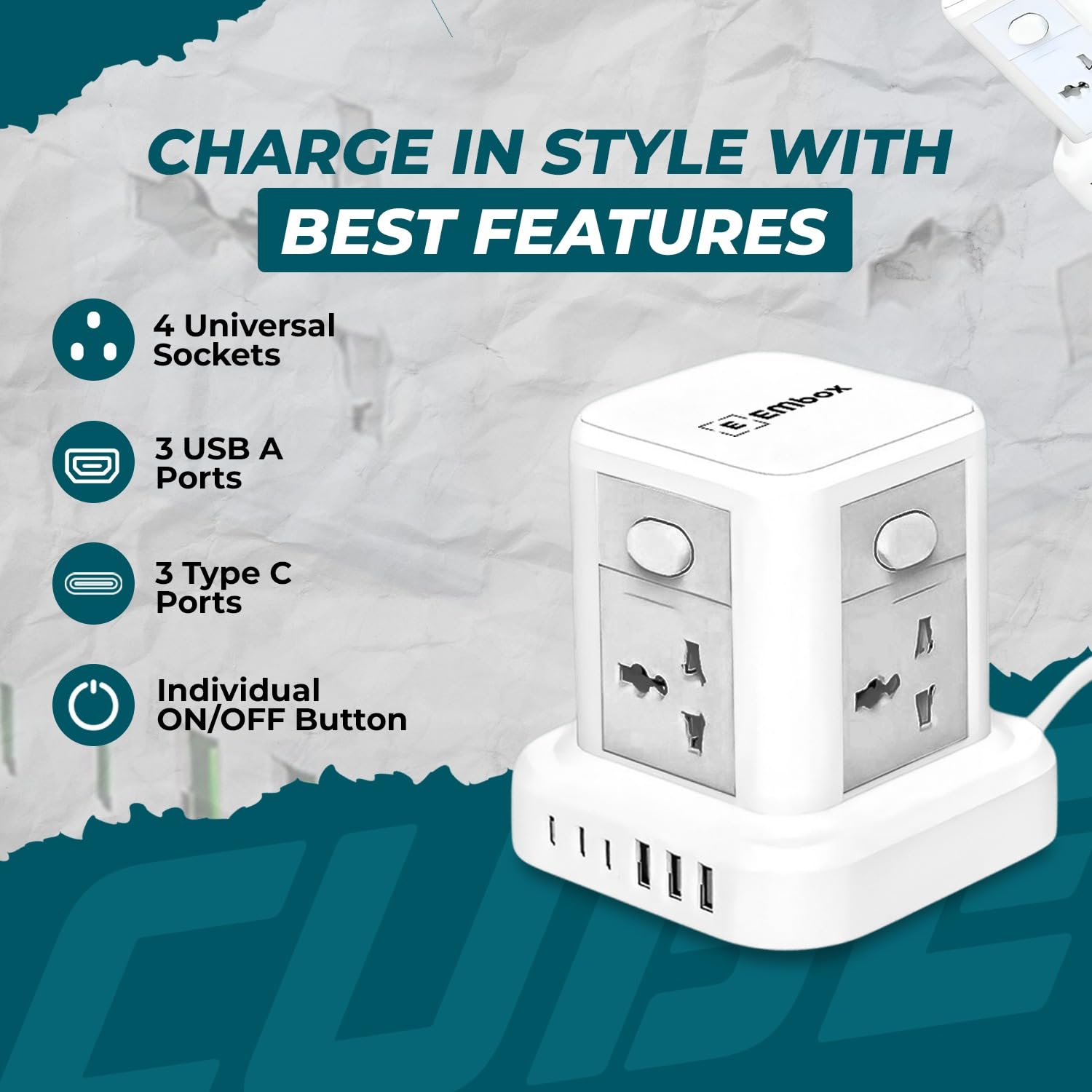 10 in 1 Cube Extension Board with USB Type C | Extension Board with Switches 4 Universal Sockets and Surge Protector | 2500W Extension Cord Safety Shutter