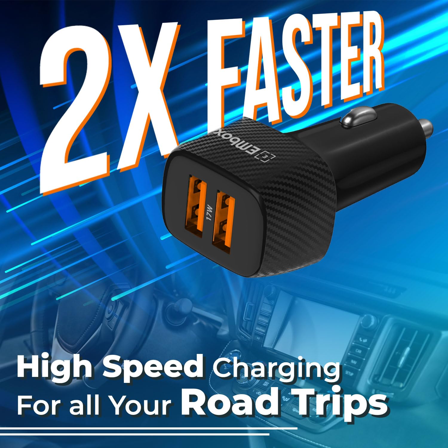 17W Dual Output Fast Car Charger with 2 Type-A Fast Charging USB, LED Indicator, Charging Adapter Compatible with Cars for iPhone & Android Smartphone, Smartwatch, Earbud, Power Bank