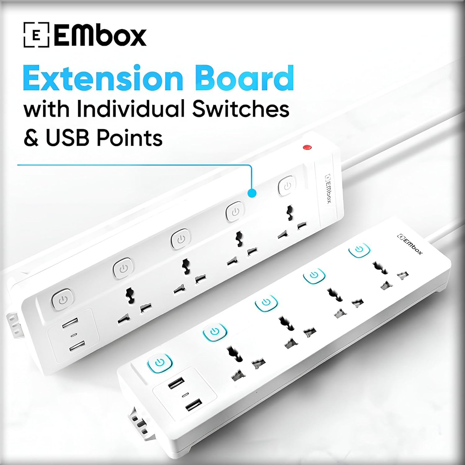 10A Extension Board with USB Port- 4 Universal Sockets and 3 USB (2.4