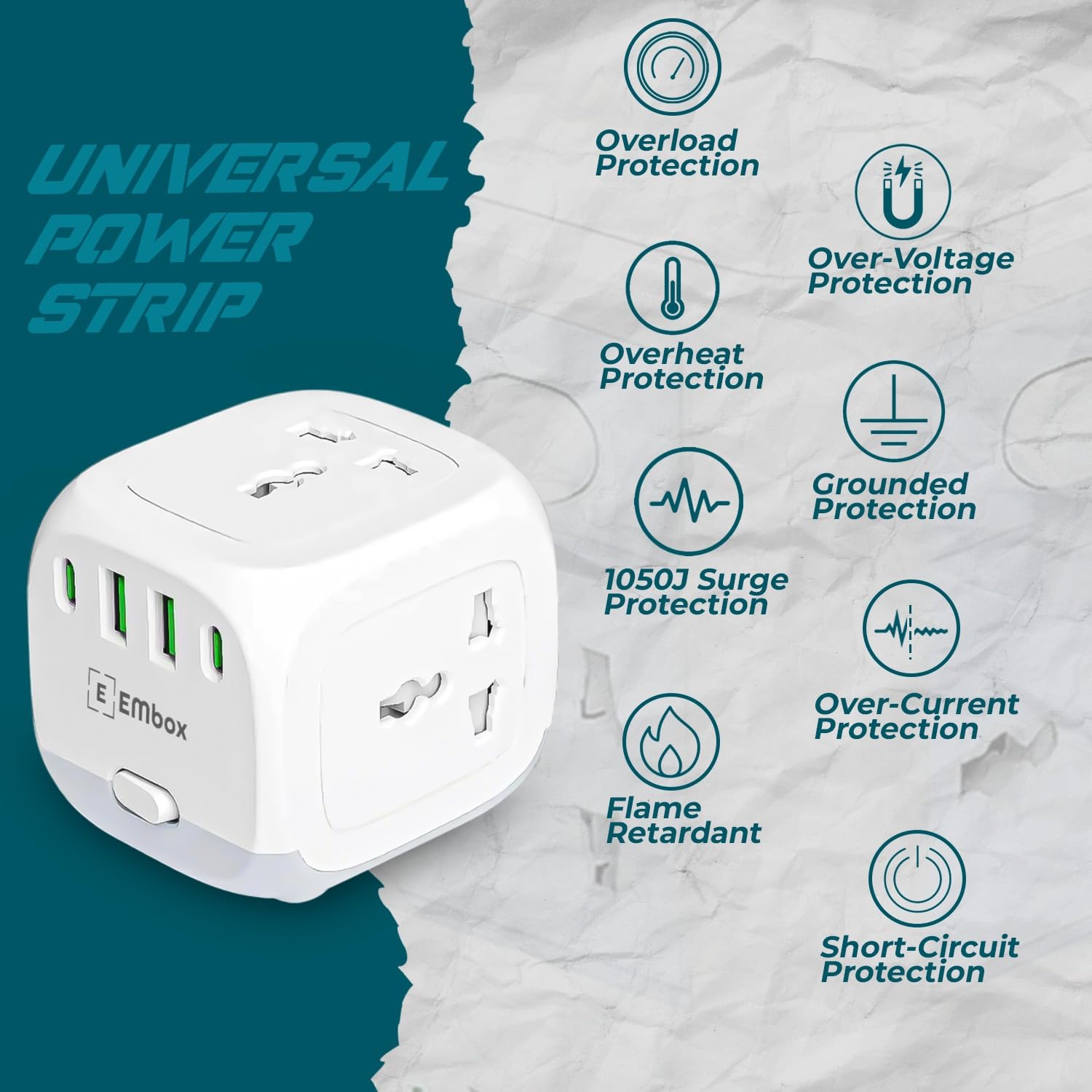 Cube Extension Board with USB Port QC 3.0 | 20W Extension Board with Switches Universal Sockets and Overload Protector | Extension Cord 2500W Indicator, Safety Shutter