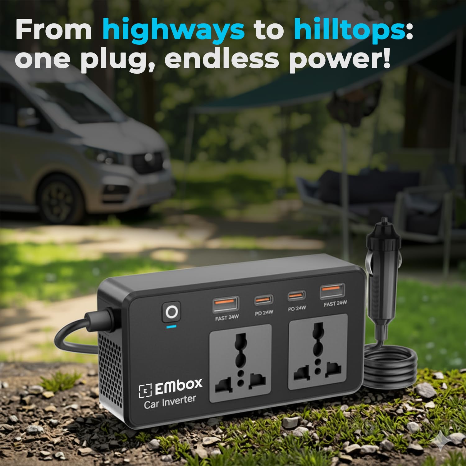 Embox 200W Car Power Inverter Laptop Charger with 2 USB (6.2A Max) & 2 C-Type (1 * 27WPD) Smart USB Ports, 2 AC Universal Outlets and 12V DC to 220V AC with QC3.0, Black