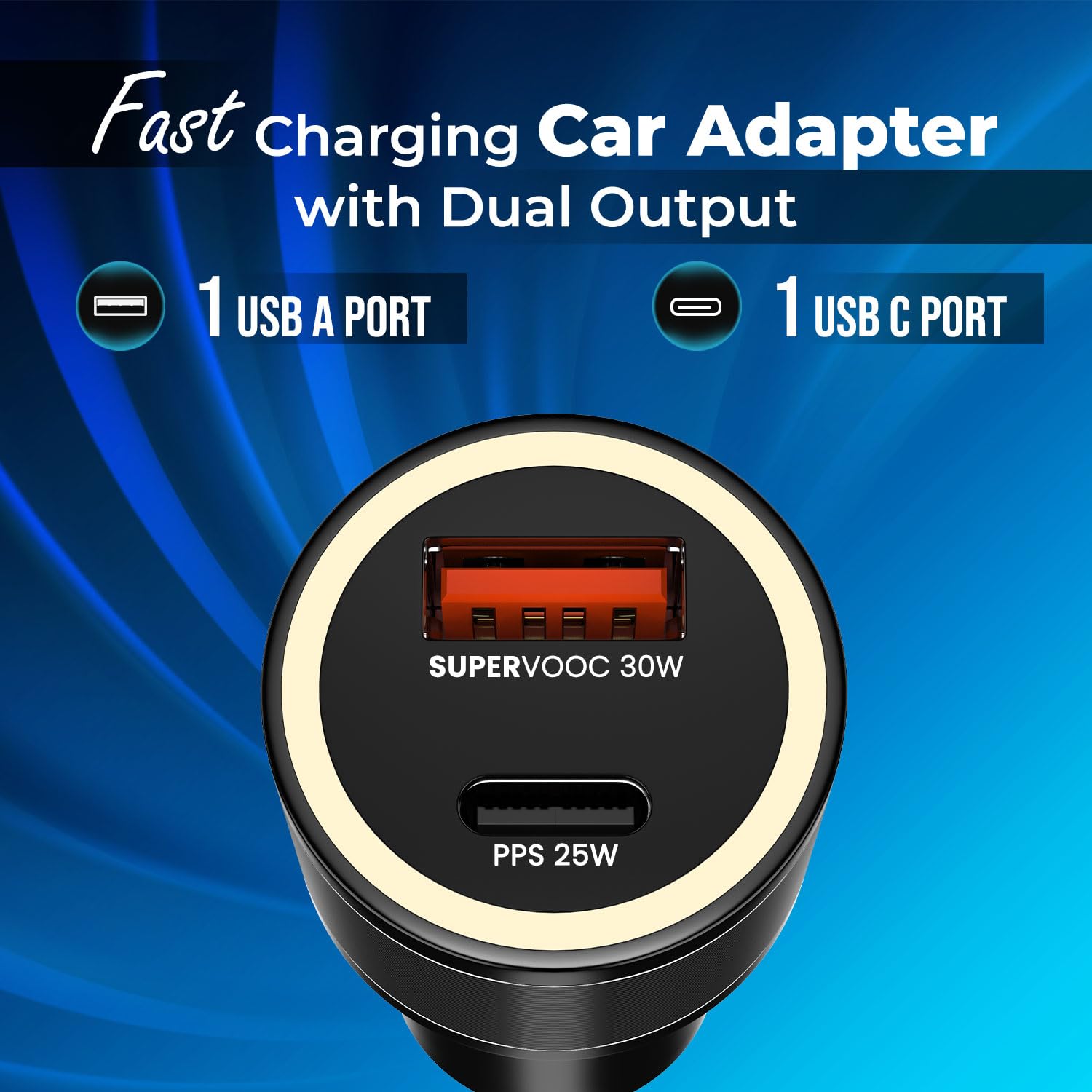 55W Dual Output Car Charger Type-C &A Fast Charging USB, LED Indicator, Charging Adapter Compatible with Cars for iPhone & Android Smartphone, Smartwatch, Earbud, Power Bank