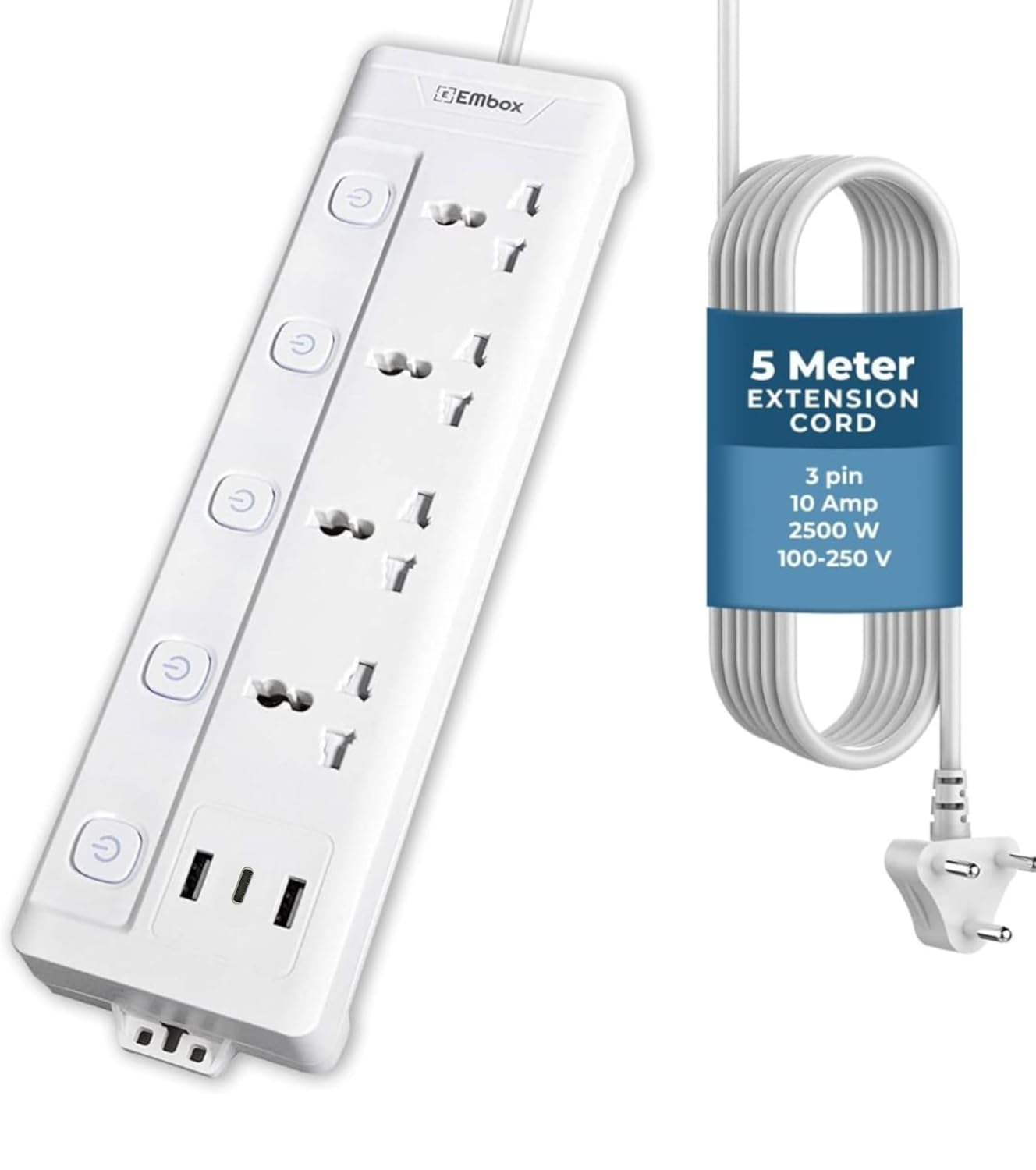 10A Extension Board with USB Port- 4 Universal Sockets and 3 USB (2.4 A) Charging Ports with Indicator, 2500W Heavy Duty Cable, 250 Volts (4S + 3 USB (1 Type C) + Overload Protector)