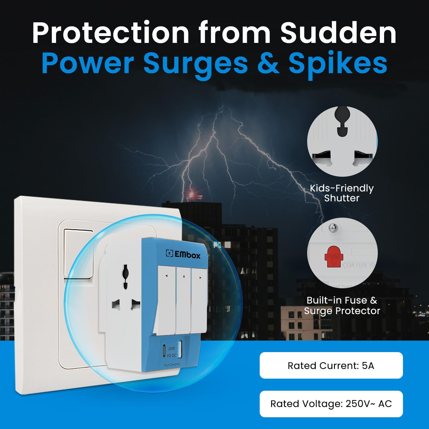 Type C PD 3 Pin Multi Plug Adapter with Individual Switch | 3 Pin Plug Socket Safety Shutter Spike Buster Fuse Protected Adapter | 3 Way Plug Extension for Home Office Travel-5A-250V