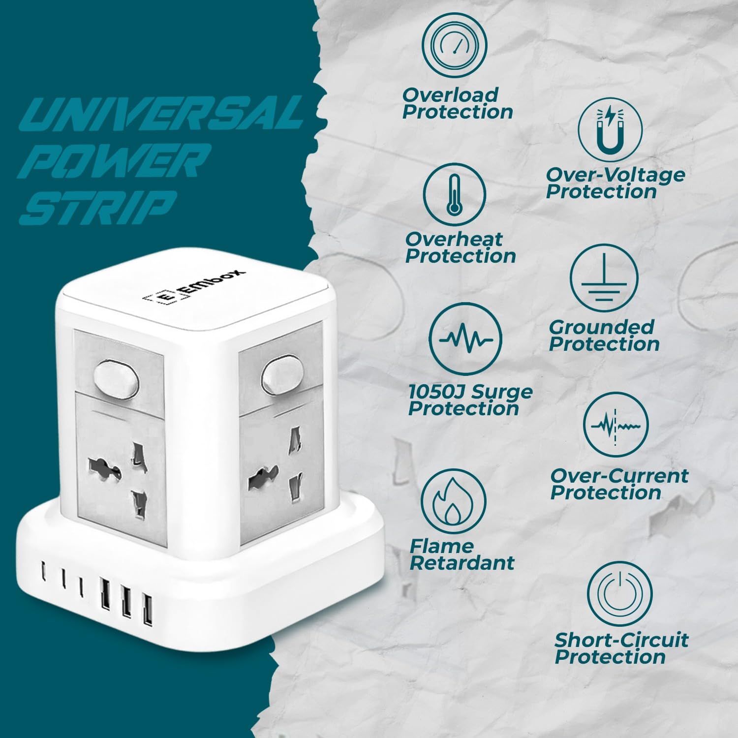 10 in 1 Cube Extension Board with USB Type C | Extension Board with Switches 4 Universal Sockets and Surge Protector | 2500W Extension Cord Safety Shutter