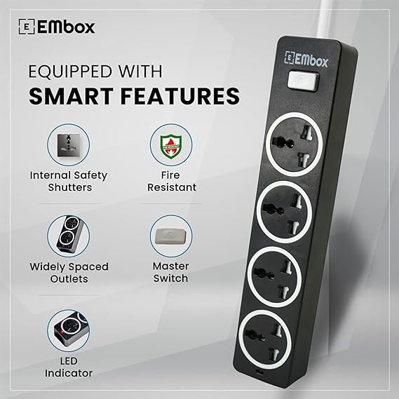 EMBOX 10A Extension Board with Master Switch-Extension Cord with 4 Universal Sockets and LED Indicator-1500W (Black-2 Meter Cable)