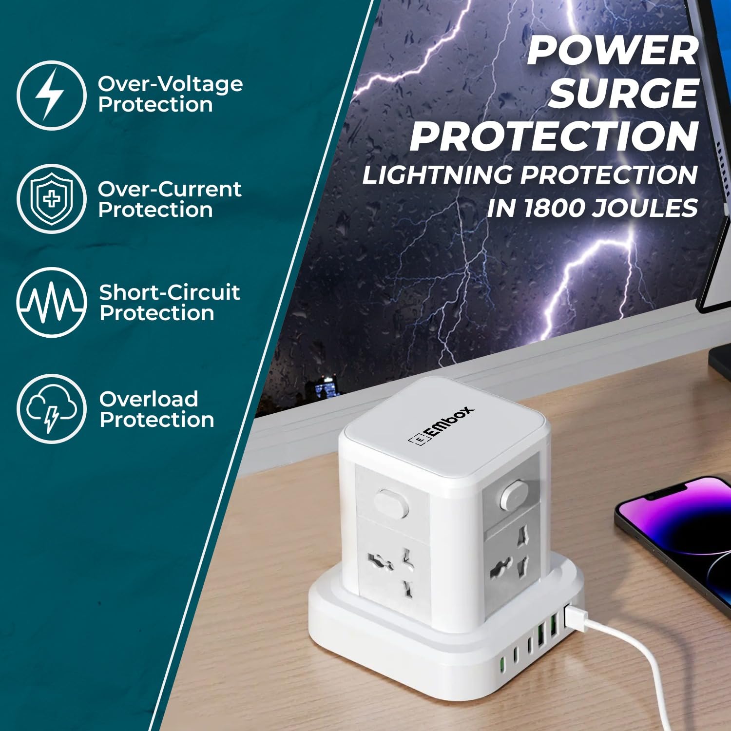 10 in 1 Cube Extension Board with USB Type C | Extension Board with Switches 4 Universal Sockets and Surge Protector | 2500W Extension Cord Safety Shutter