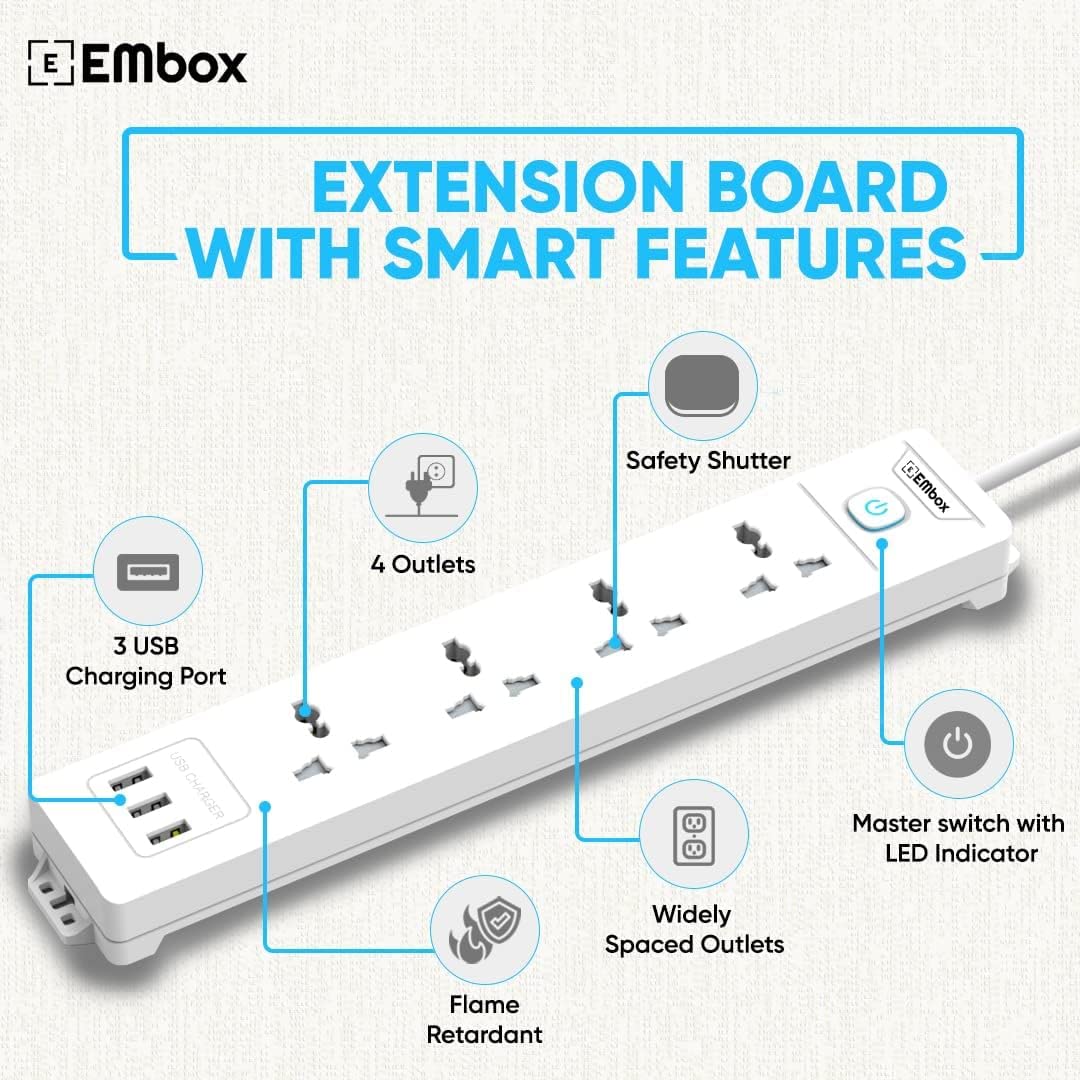 Embox 10A Extension Board with 5 Meter Cable with Master Switch with 4