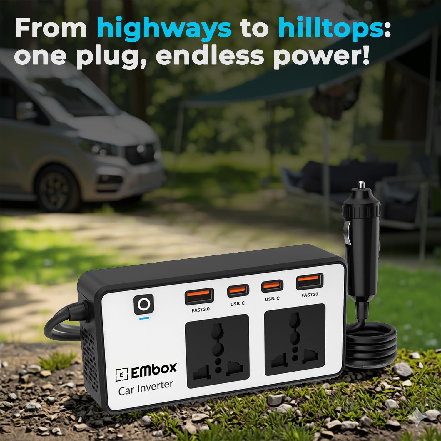 mbox 200W Car Power Inverter Laptop Charger with 2 USB (6.2A Max) & 2 C-Type (1 * 27WPD) Smart USB Ports, 2 AC Universal Outlets and 12V DC to 220V AC with QC3.0, White