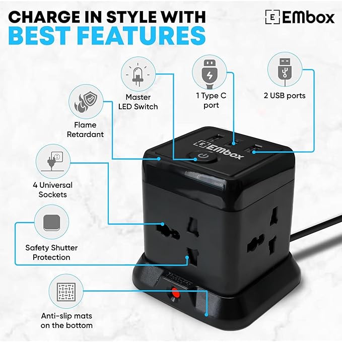 Electric Extension Board 7 Devices in 1 With USB (2.4 A) (QC 3.0)