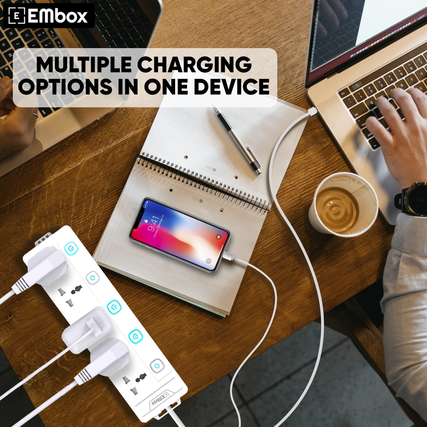 Embox 10A Extension Board 5 Socket 5 Switch 1500w, Extension Cord, Safety Shutter Protection (2 Meter Cable)