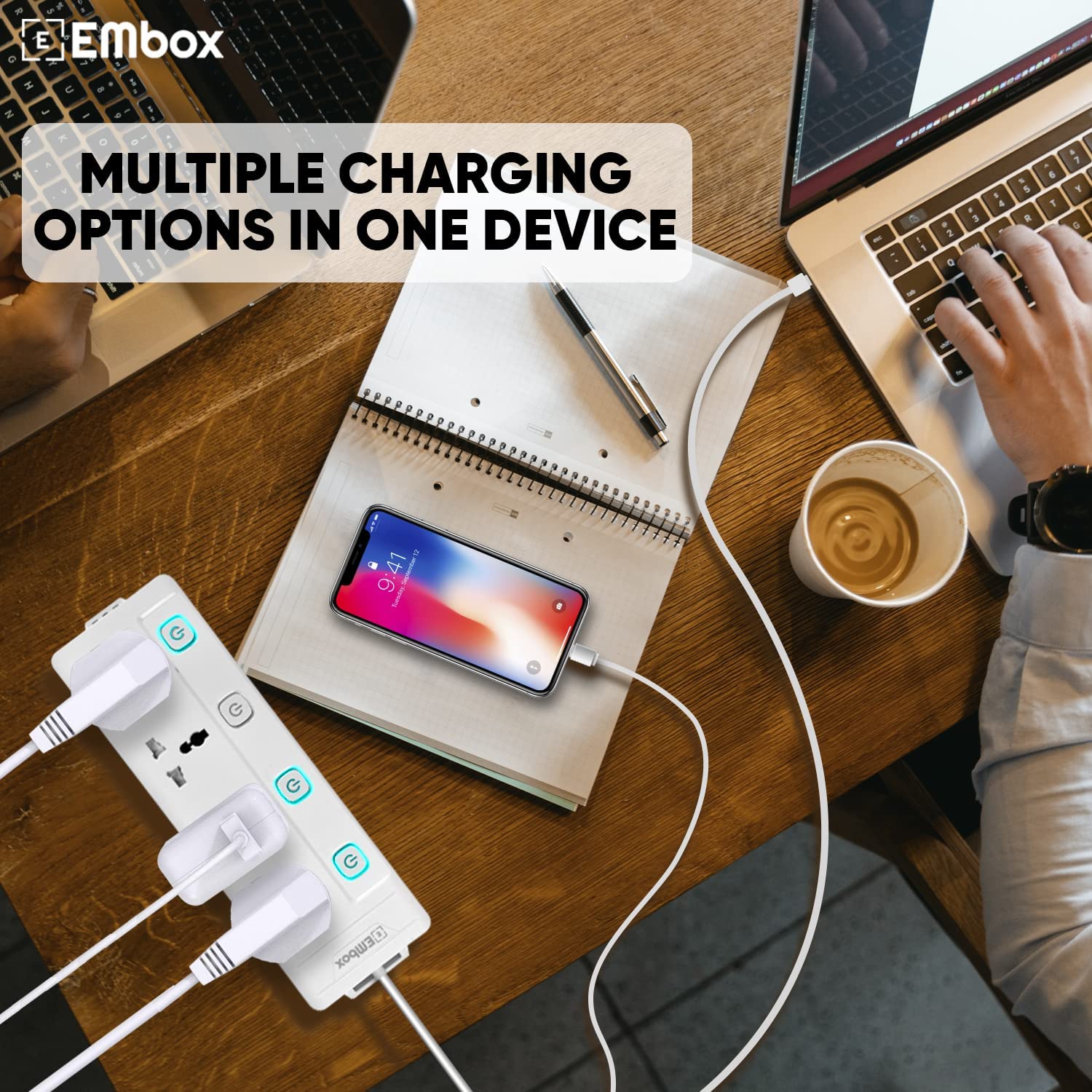 EMBOX Extension Board with Switches 1500 W, 4 Universal Sockets, Individual Switch, Safety Shutter, 6 amp Spike Guard, LED Indicator and Safety Shutter (4 Socket- 2 Meter)