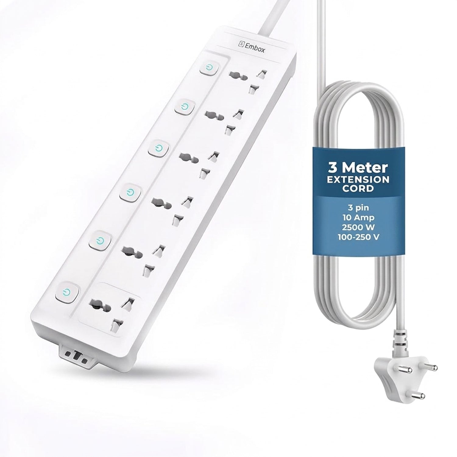 Extension Board with Switches 1500 W, 6 Universal Sockets, Individual Switch, Safety Shutter, 6 amp Spike Guard, LED Indicator and Safety Shutter, 2 Meter Extension Cord