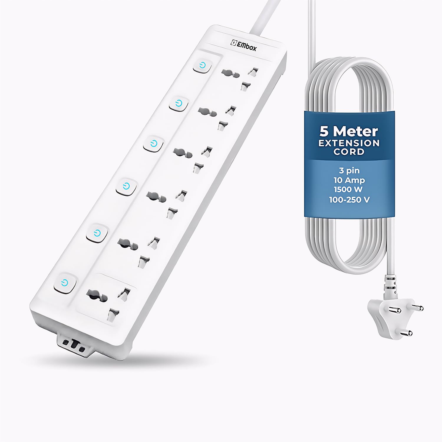 Extension Board with Switches 1500 W, 6 Universal Sockets, Individual Switch, Safety Shutter, 6 amp Spike Guard, LED Indicator and Safety Shutter, 2 Meter Extension Cord