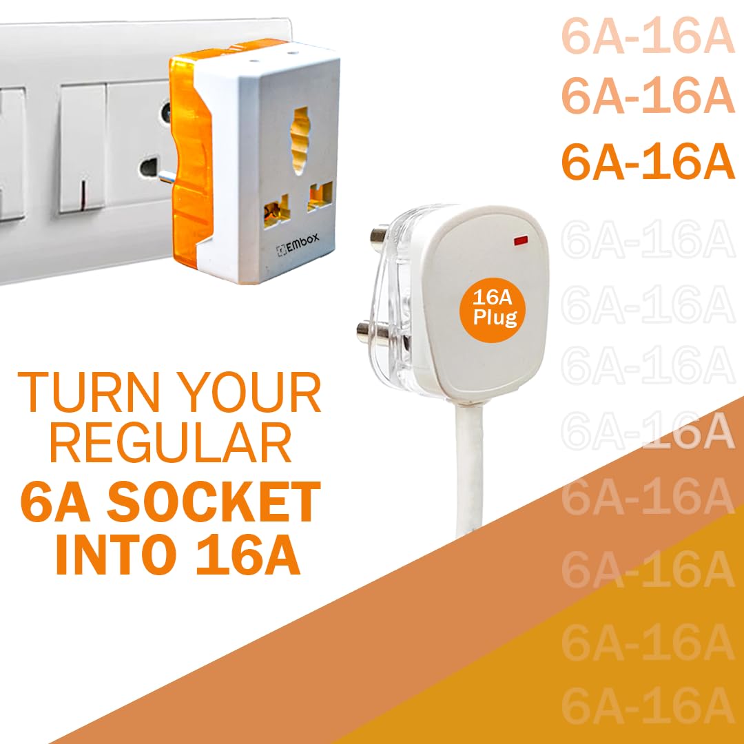 6A to 16A Converter Plug for Geysers AC Refrigerator Microwave Heavy Home Appliances-3 Pin Plug Socket Multiplug with LED Indicator Suitable for All International Plugs