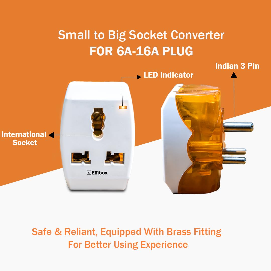 6A to 16A Converter Plug for Geysers AC Refrigerator Microwave Heavy Home Appliances-3 Pin Plug Socket Multiplug with LED Indicator Suitable for All International Plugs