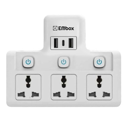 EMBOX 2500W 3-Socket Multi Plug Adapter with USB Type-C Charging and Individual Switches for Home, Office and Everyday Device Charging