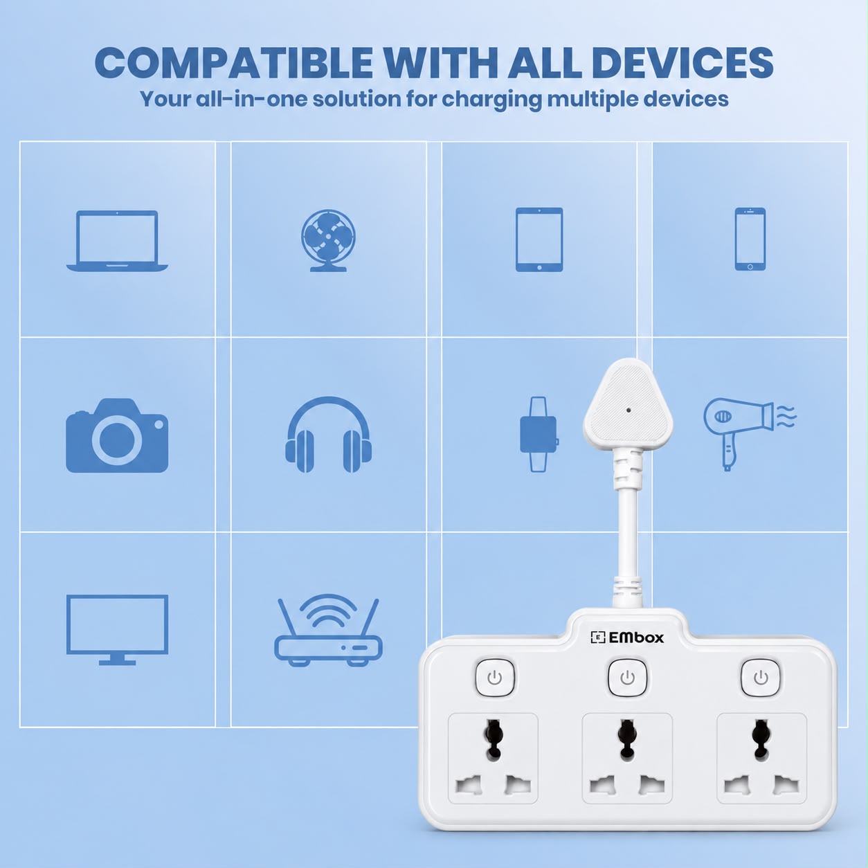 EMBOX 2500W Compact Multi Plug Adapter – 3-Socket Power Solution for Home Appliances, Office Desks and Everyday Use