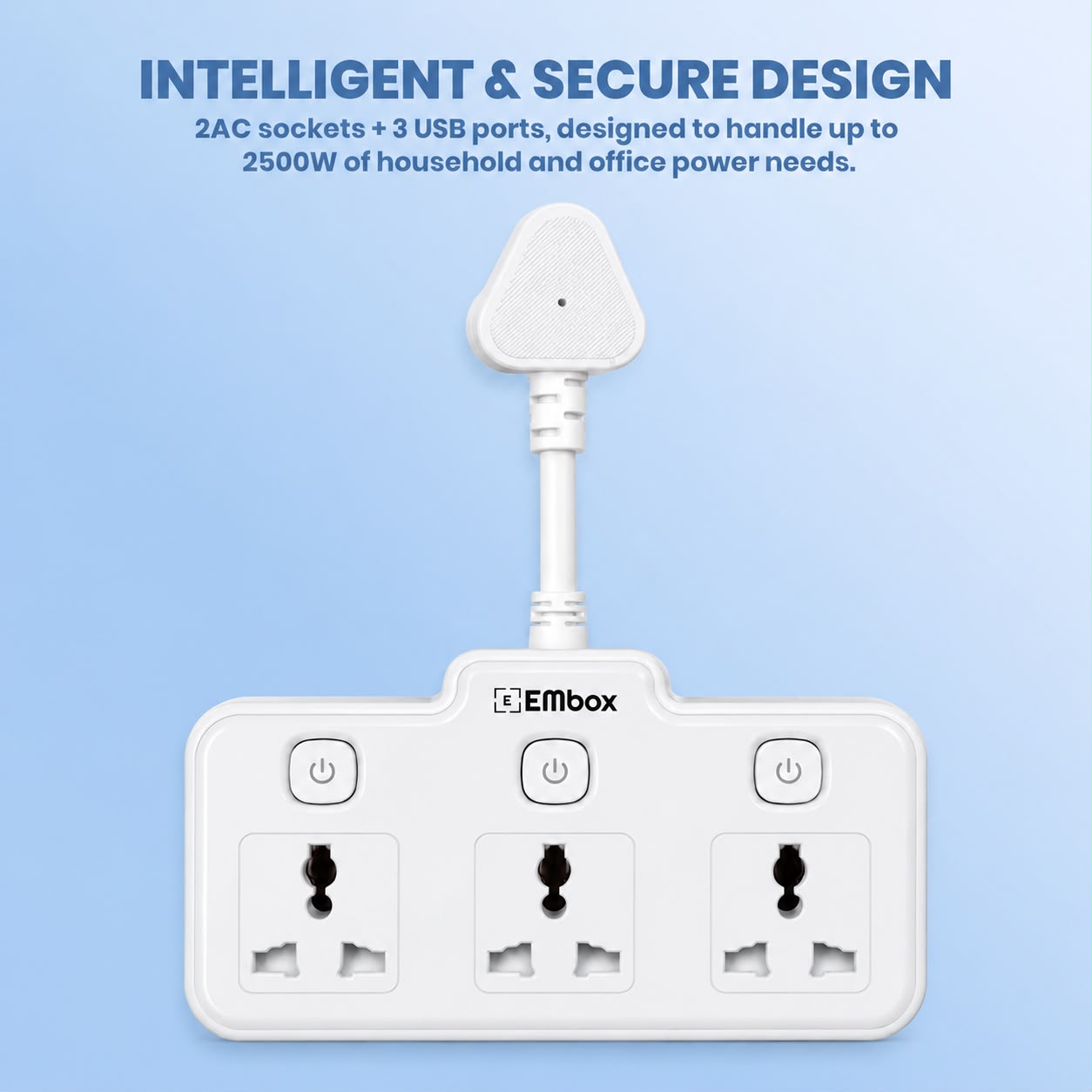 EMBOX 2500W Compact Multi Plug Adapter – 3-Socket Power Solution for Home Appliances, Office Desks and Everyday Use