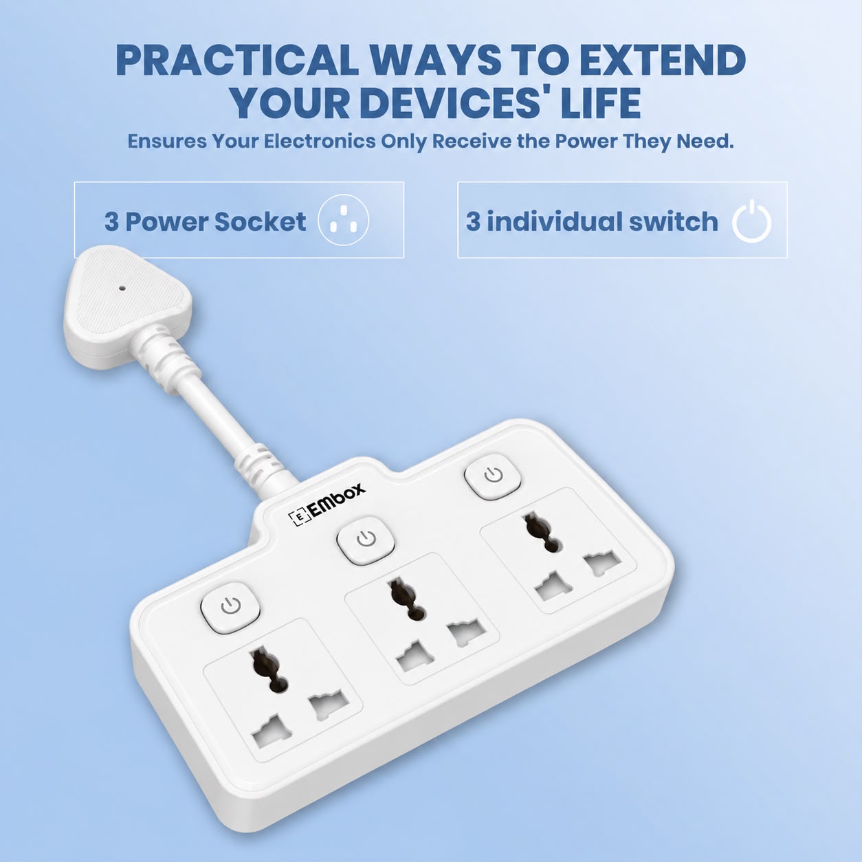 EMBOX 2500W Compact Multi Plug Adapter – 3-Socket Power Solution for Home Appliances, Office Desks and Everyday Use
