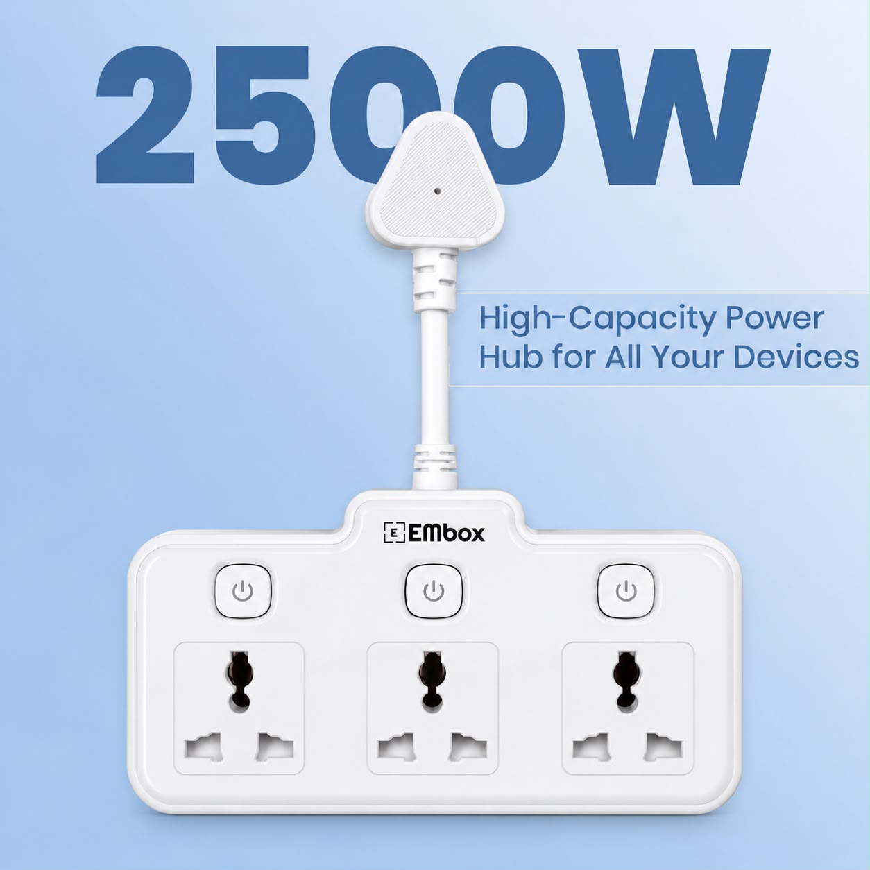 EMBOX 2500W Compact Multi Plug Adapter – 3-Socket Power Solution for Home Appliances, Office Desks and Everyday Use