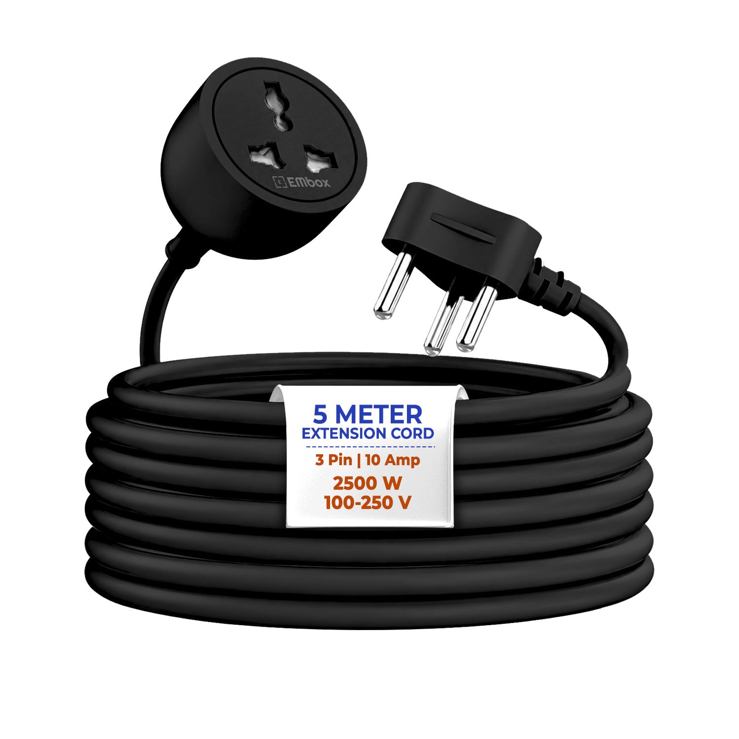 EMBOX 10A Single Socket Extension Board – 2500W Power Extension Cord with 3-Pin Plug for Home, Office and Everyday Electrical Use (Black)