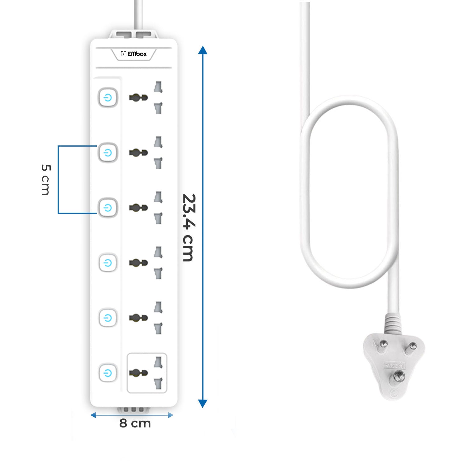 Extension Board with Switches 1500 W, 6 Universal Sockets, Individual Switch, Safety Shutter, 6 amp Spike Guard, LED Indicator and Safety Shutter, 2 Meter Extension Cord