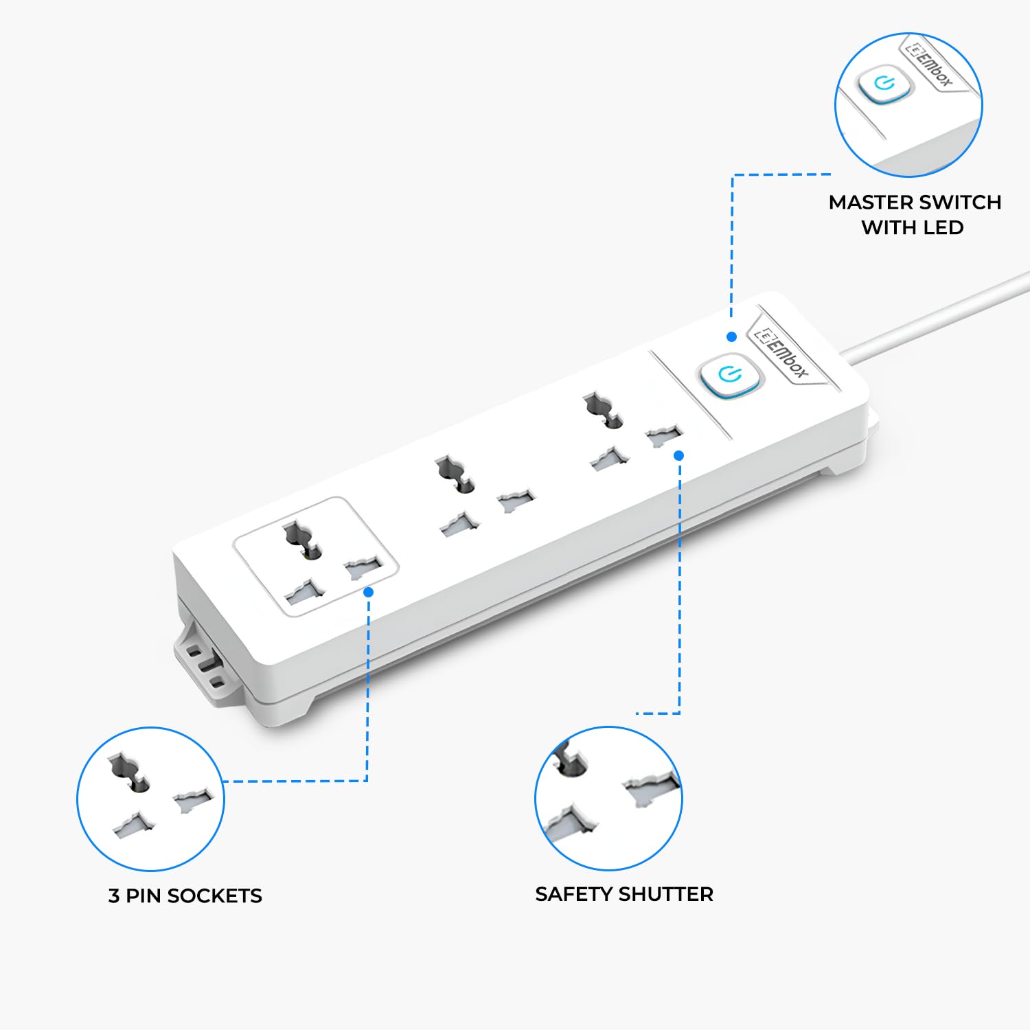 EMBOX Extension Board with Switches 1500 W, 3 Universal Sockets, Master Switch,6 amp Spike Guard, LED Indicator and Safety Shutter