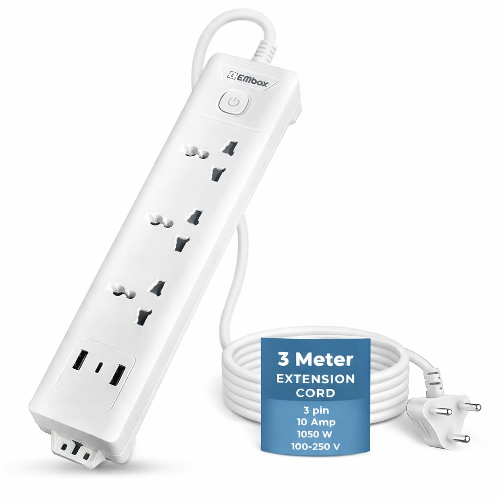 Extension Board 5 Meter Cable with Switches | 1500 W Extension Cord 4 Universal Sockets