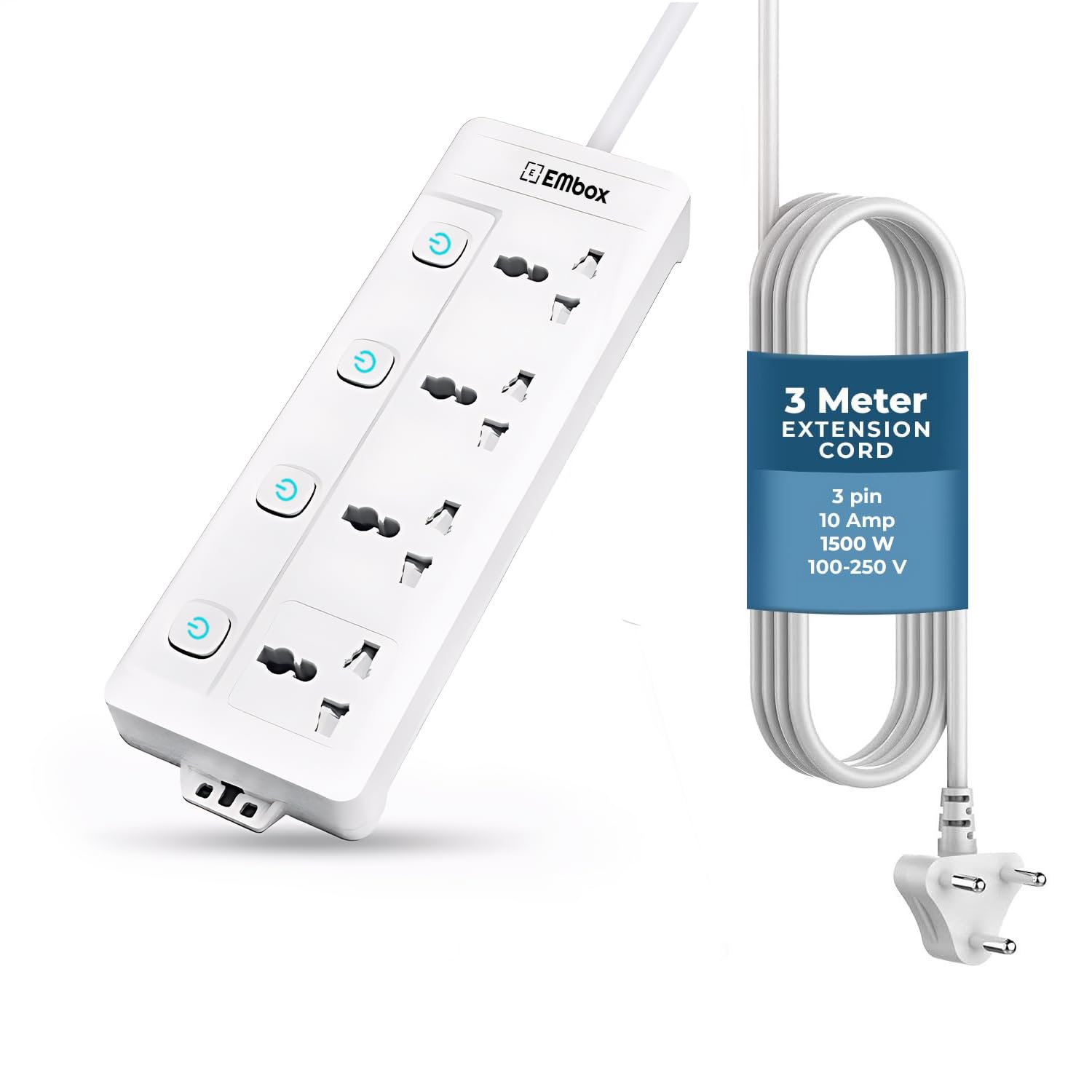 Extension Board with Switches 1500 W, 4 Universal Sockets, Individual Switch, Safety Shutter, 6 amp Spike Guard, LED Indicator and Safety Shutter (4 Socket + 4 Switch - 2 Meter, 2 Meter)