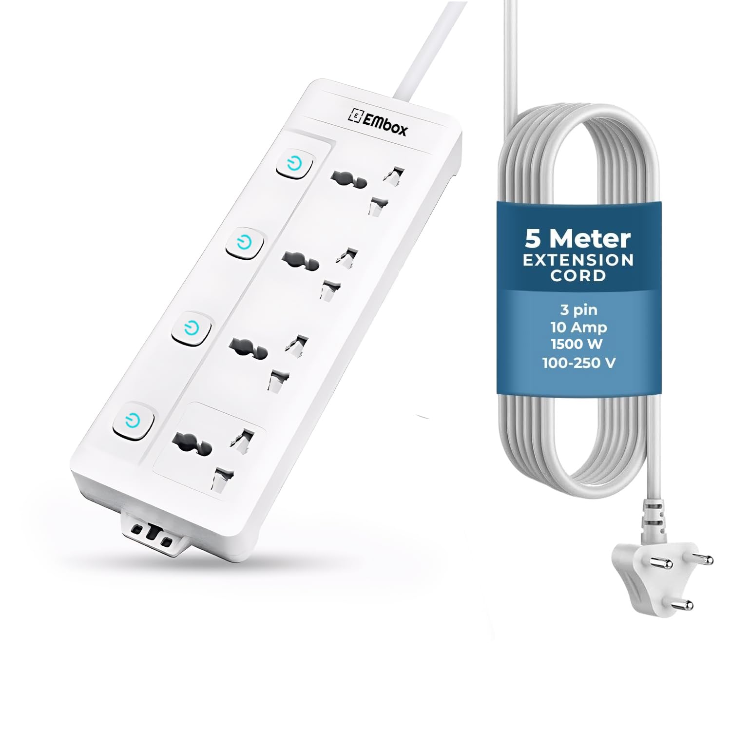 Extension Board with Switches 1500 W, 4 Universal Sockets, Individual Switch, Safety Shutter, 6 amp Spike Guard, LED Indicator and Safety Shutter (4 Socket + 4 Switch - 2 Meter, 2 Meter)
