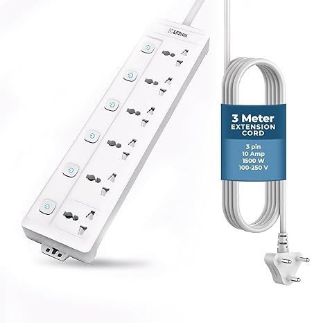 Extension Board with Switches 1500 W, 6 Universal Sockets, Individual Switch, Safety Shutter, 6 amp Spike Guard, LED Indicator and Safety Shutter, 2 Meter Extension Cord